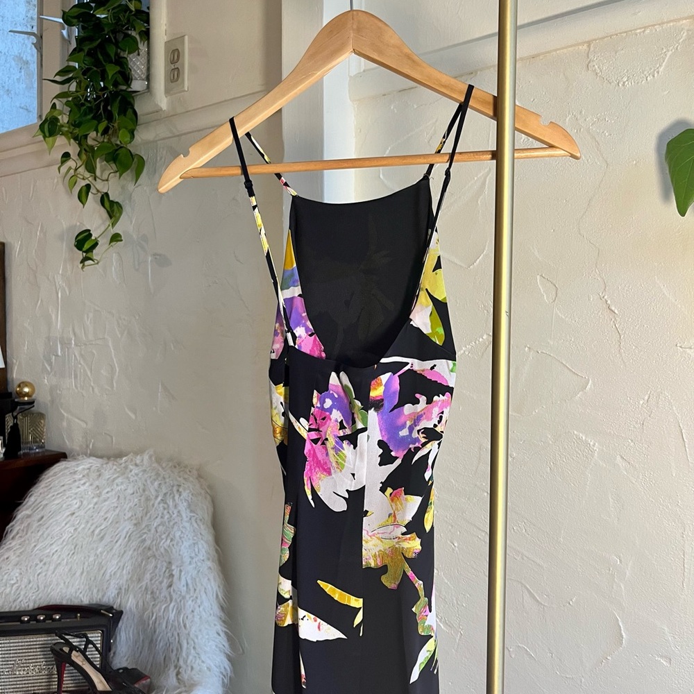 Yumi Kim silk midi dress in neon pink and contrasted colors on black with lining